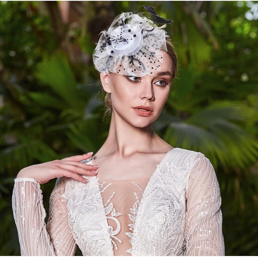 Black/White Feather Mesh Fascinator Hat Clip/Band Wedding Tea Cocktail Party